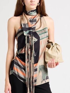NWT 5 Progress Printed Halter Scarf Top in Beige, Black and Peach S